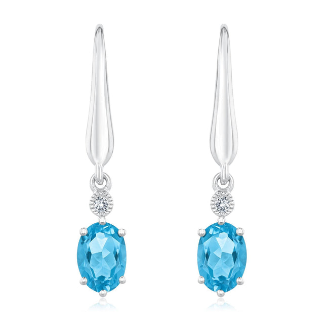 Oval Swiss Blue Topaz and Created White Sapphire Leverback Earrings