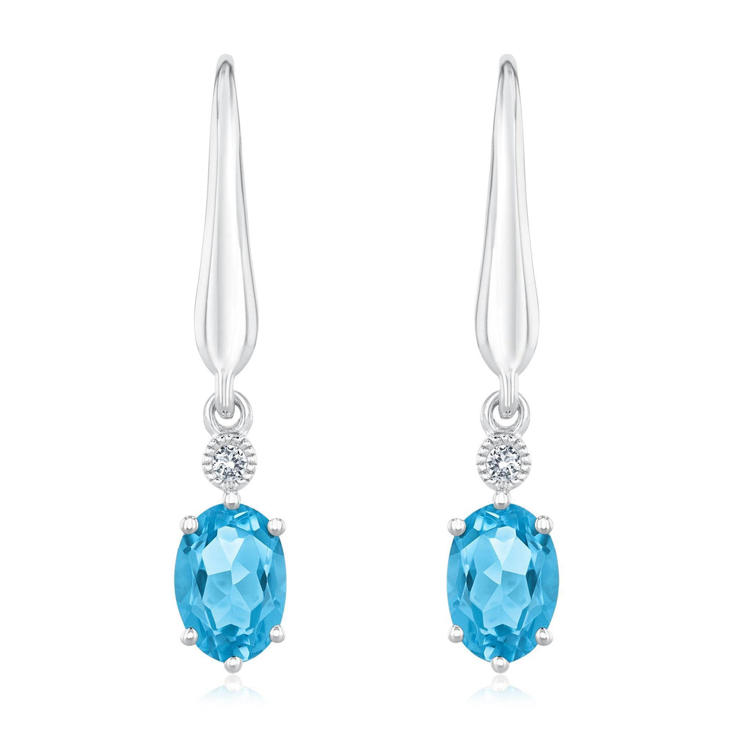 Oval Swiss Blue Topaz and Created White Sapphire Leverback Earrings