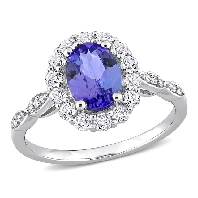 Oval Tanzanite, White Topaz, and 1/20ctw Diamond White Gold Gemstone Ring | Size 4