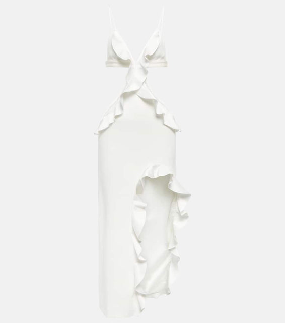 David Koma Ruffle-trimmed asymmetrical cutout midi dress