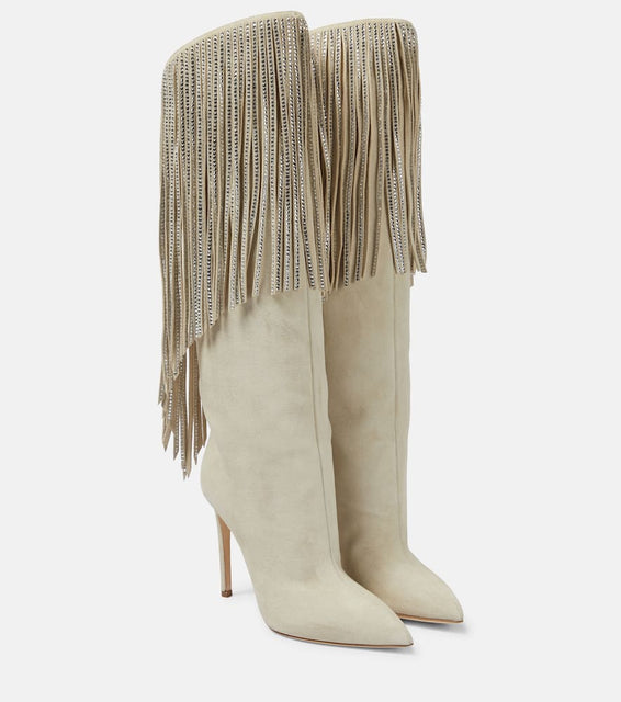 Paris Texas Fringed embellished suede knee-high boots