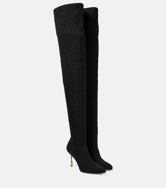 Balmain Moneta monogram mesh over-the-knee boots