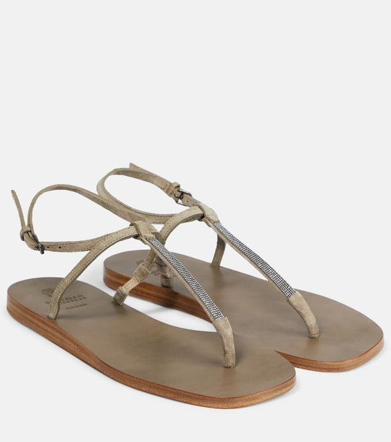 Brunello Cucinelli Embellished suede thong sandals