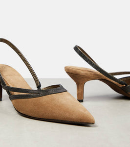 Brunello Cucinelli City embellished suede slingback pumps