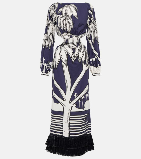 Johanna Ortiz Printed fringe-trimmed cotton maxi dress