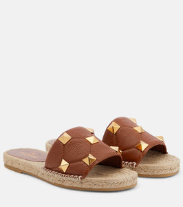 Valentino Garavani Roman Stud leather and raffia slides
