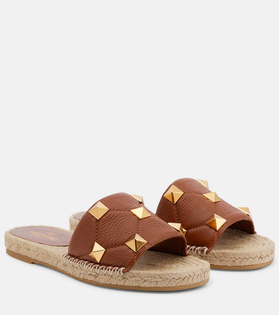 Valentino Garavani Roman Stud leather and raffia slides