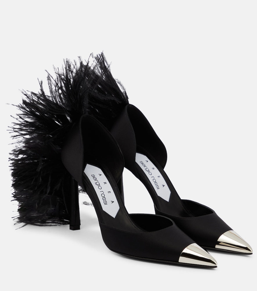 Area x Sergio Rossi Amazona feather-trimmed denim pumps