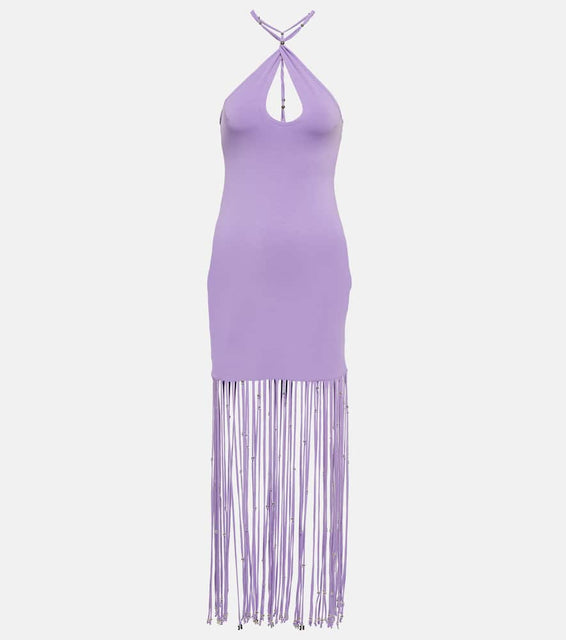 Rotate Fringe-trimmed jersey maxi dress