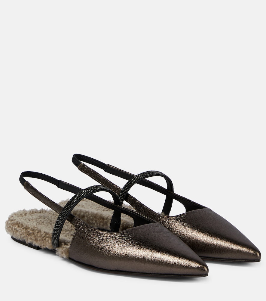 Brunello Cucinelli Embellished leather slingback flats - Brunello Cucinelli 缀饰皮革露跟平底鞋