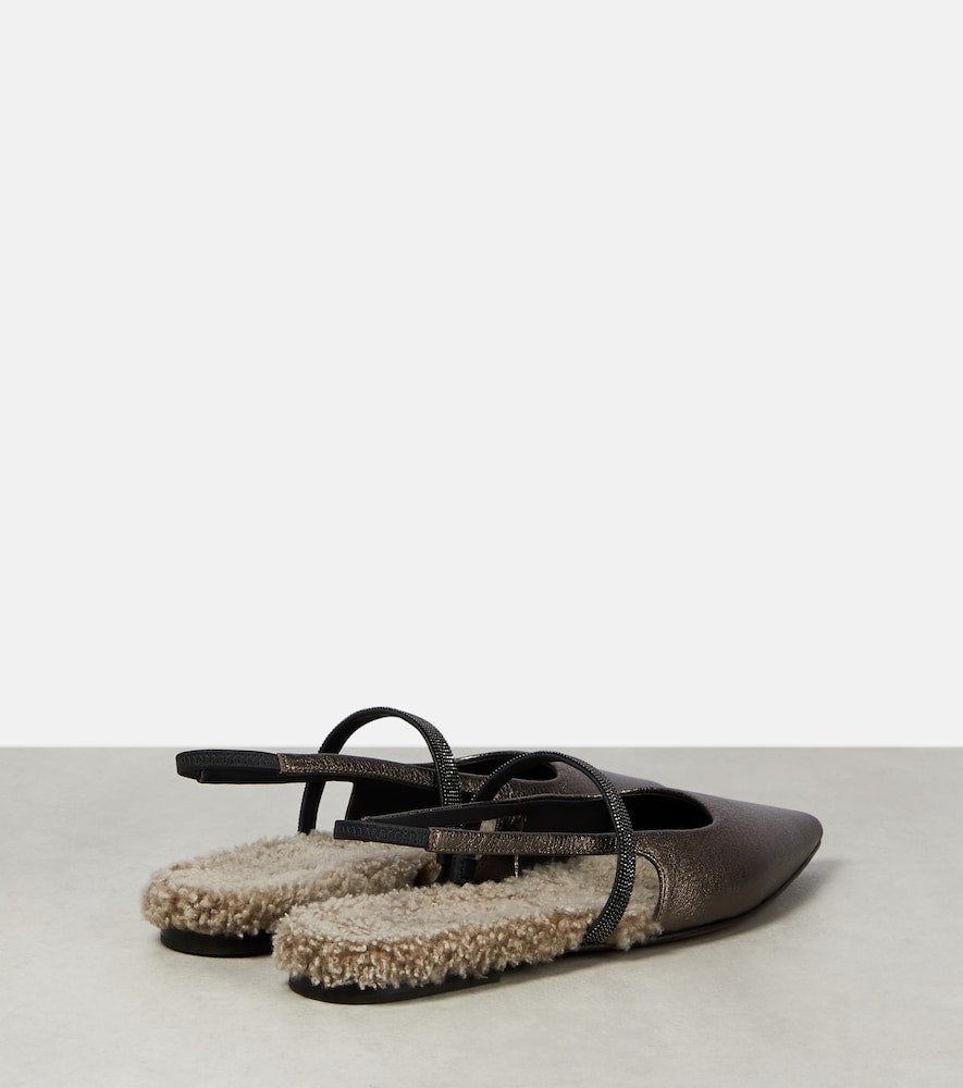 Brunello Cucinelli Embellished leather slingback flats