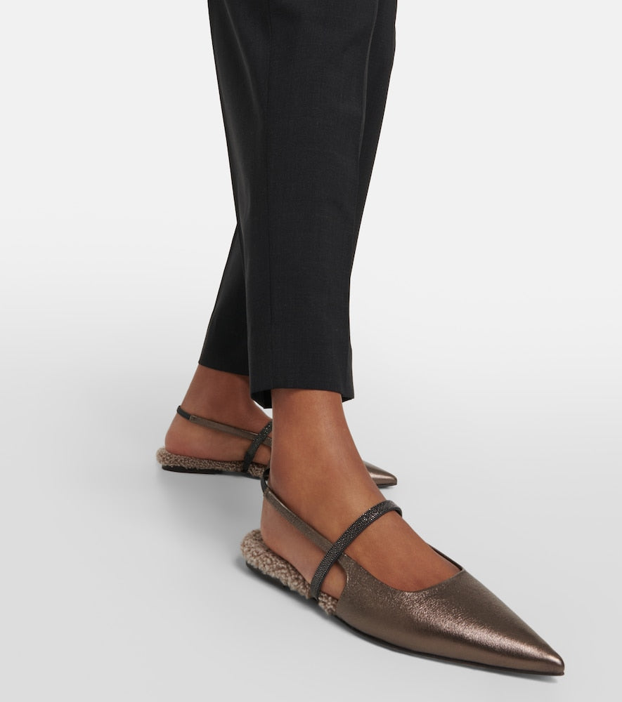 Brunello Cucinelli Embellished leather slingback flats
