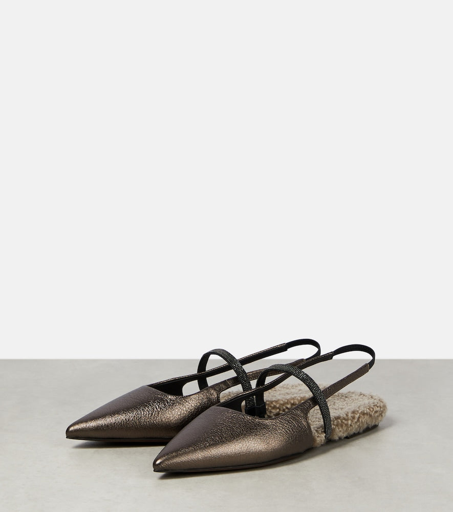 Brunello Cucinelli Embellished leather slingback flats