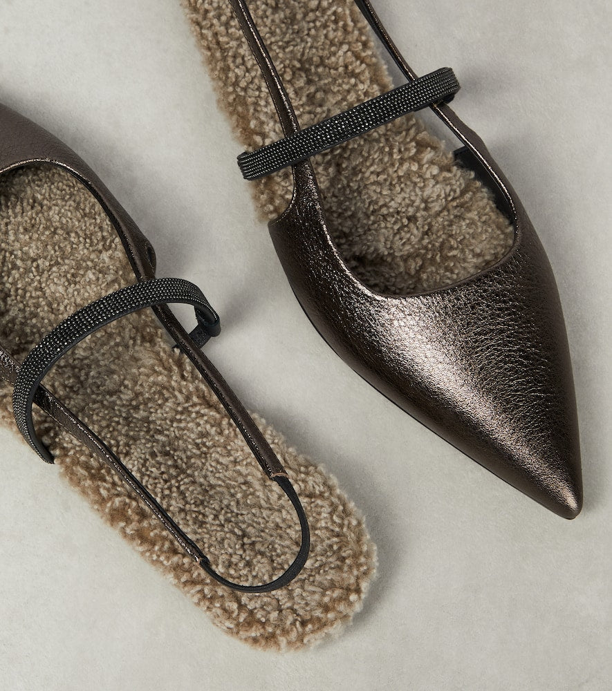 Brunello Cucinelli Embellished leather slingback flats