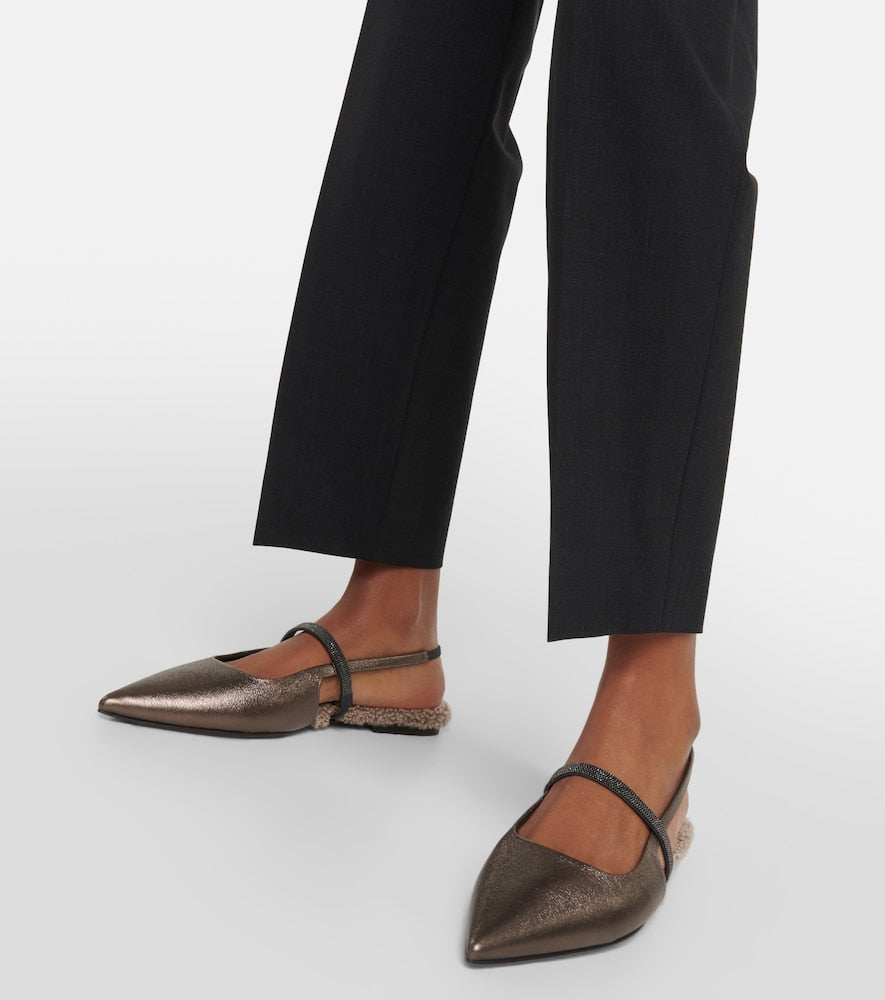 Brunello Cucinelli Embellished leather slingback flats
