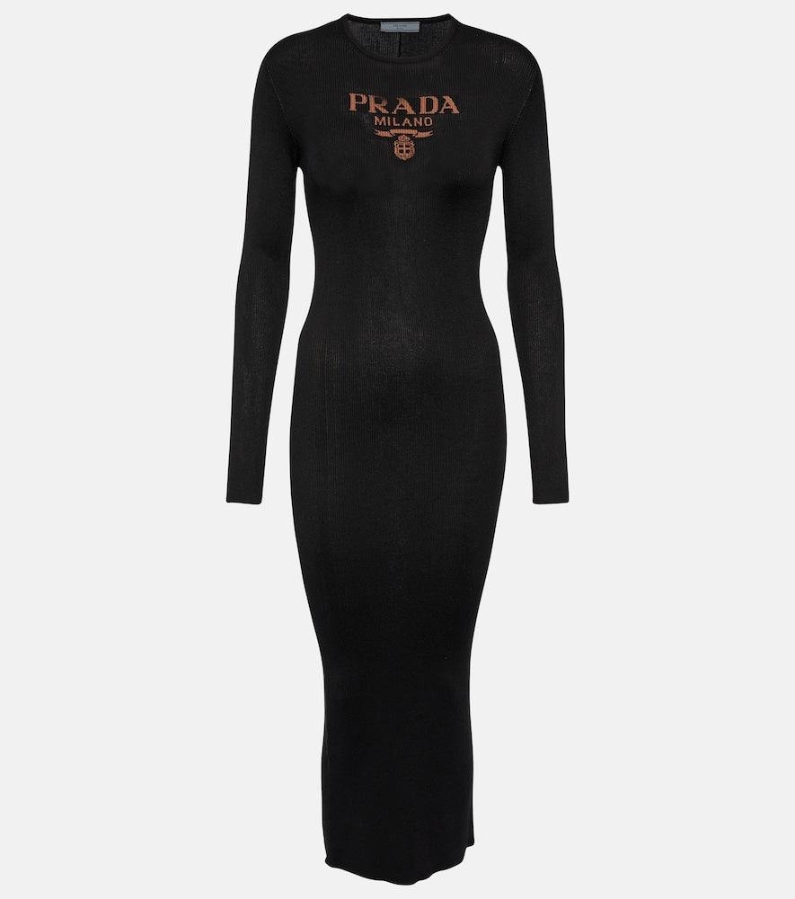 Prada Logo ribbed-knit silk midi dress. Prada Logo 罗纹针织真丝中长连衣裙