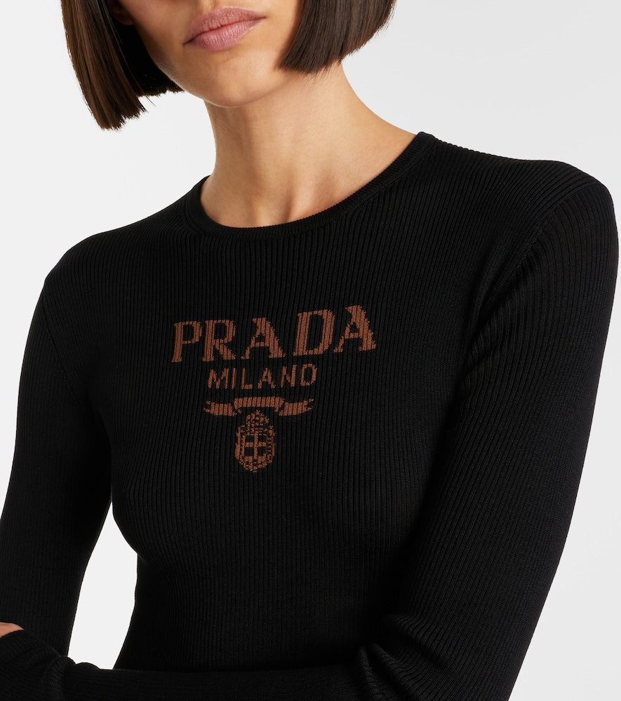 Prada Logo ribbed-knit silk midi dress