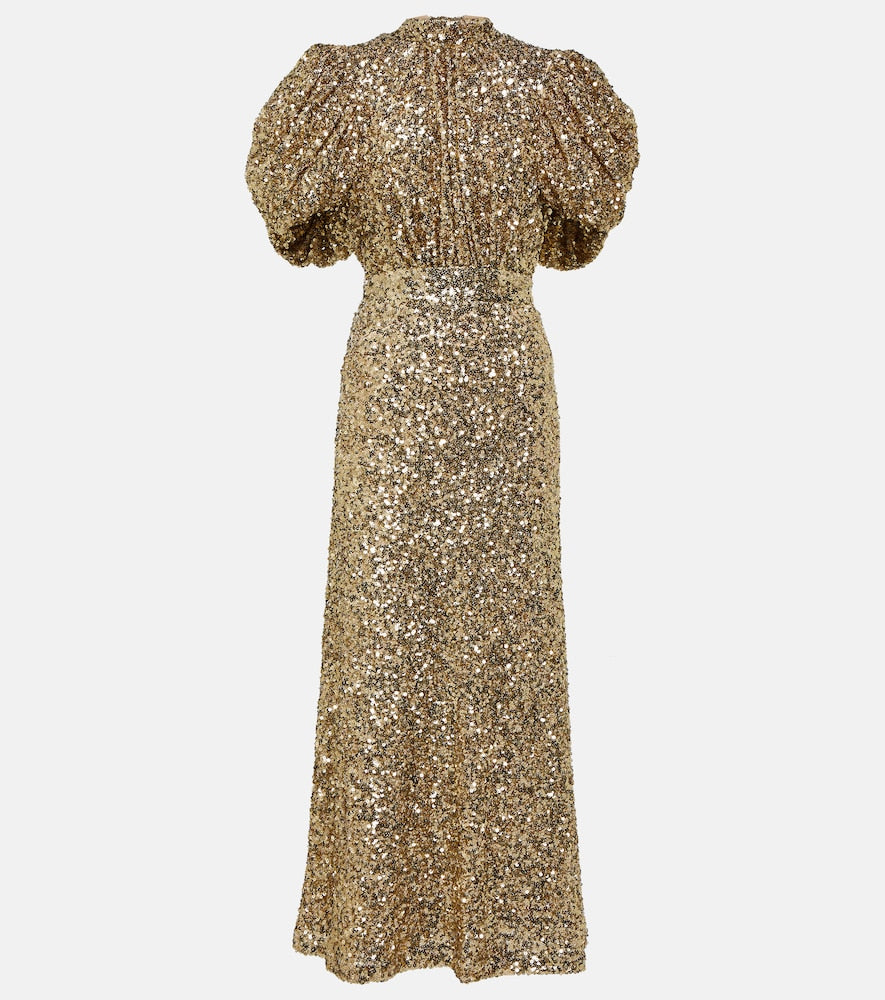 Rotate Sequined puff-sleeve midi dress. 旋转亮片泡泡袖中长连衣裙