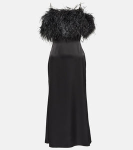 David Koma Feather-trimmed satin midi dress
