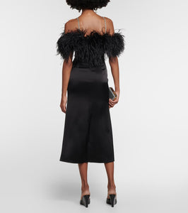 David Koma Feather-trimmed satin midi dress
