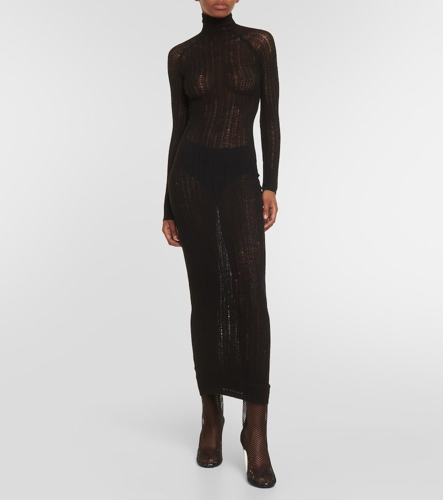 Alaia Distressed wool-blend midi dress