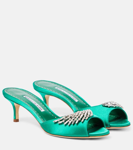 Manolo Blahnik Lumada 50 embellished satin mules