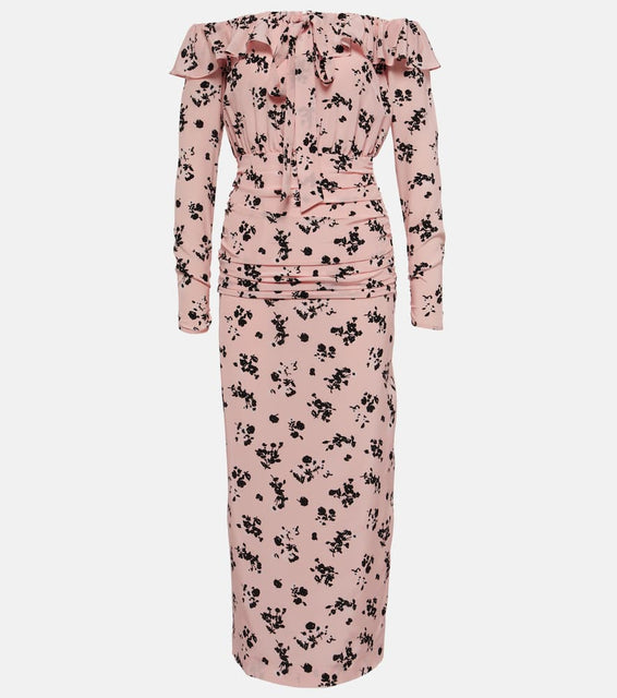 Alessandra Rich Floral off-shoulder silk midi dress