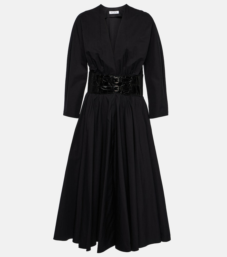 Alaia Leather-trimmed cotton midi dress. Alaia 皮革饰边棉质中长连衣裙