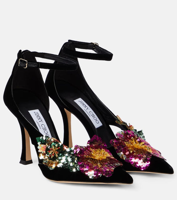 Jimmy Choo Azara 100 floral-appliqu√É¬© velvet pumps