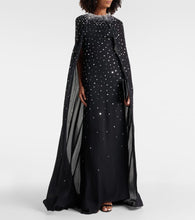 Monique Lhuillier Caped crystal-embellished silk gown