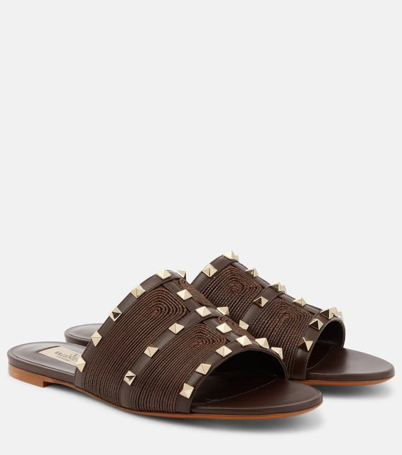 Valentino Garavani Rockstud raffia-trimmed leather sandals
