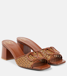 Valentino Garavani Tess leather and raffia mules