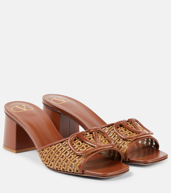 Valentino Garavani Tess leather and raffia mules
