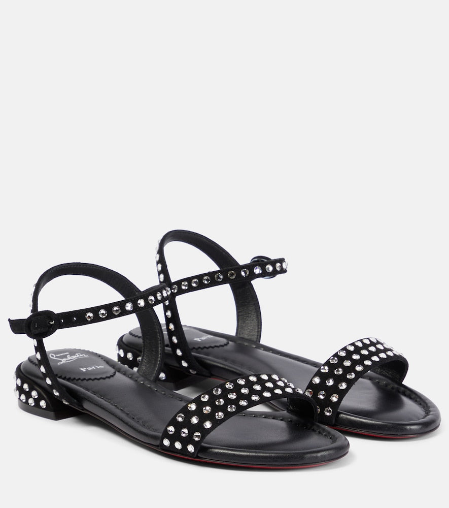 Christian Louboutin Sweet Jane Strass Boum suede sandals in Black - Flat Sandals