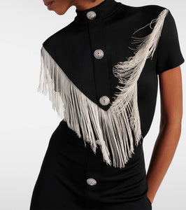 Balmain Embellished fringed jersey minidress