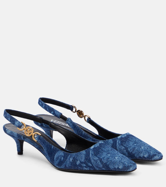 Versace Barocco denim slingback pumps