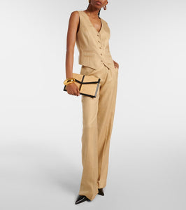 DeMellier Tokyo leather-trimmed raffia clutch