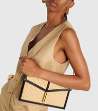 DeMellier Tokyo leather-trimmed raffia clutch