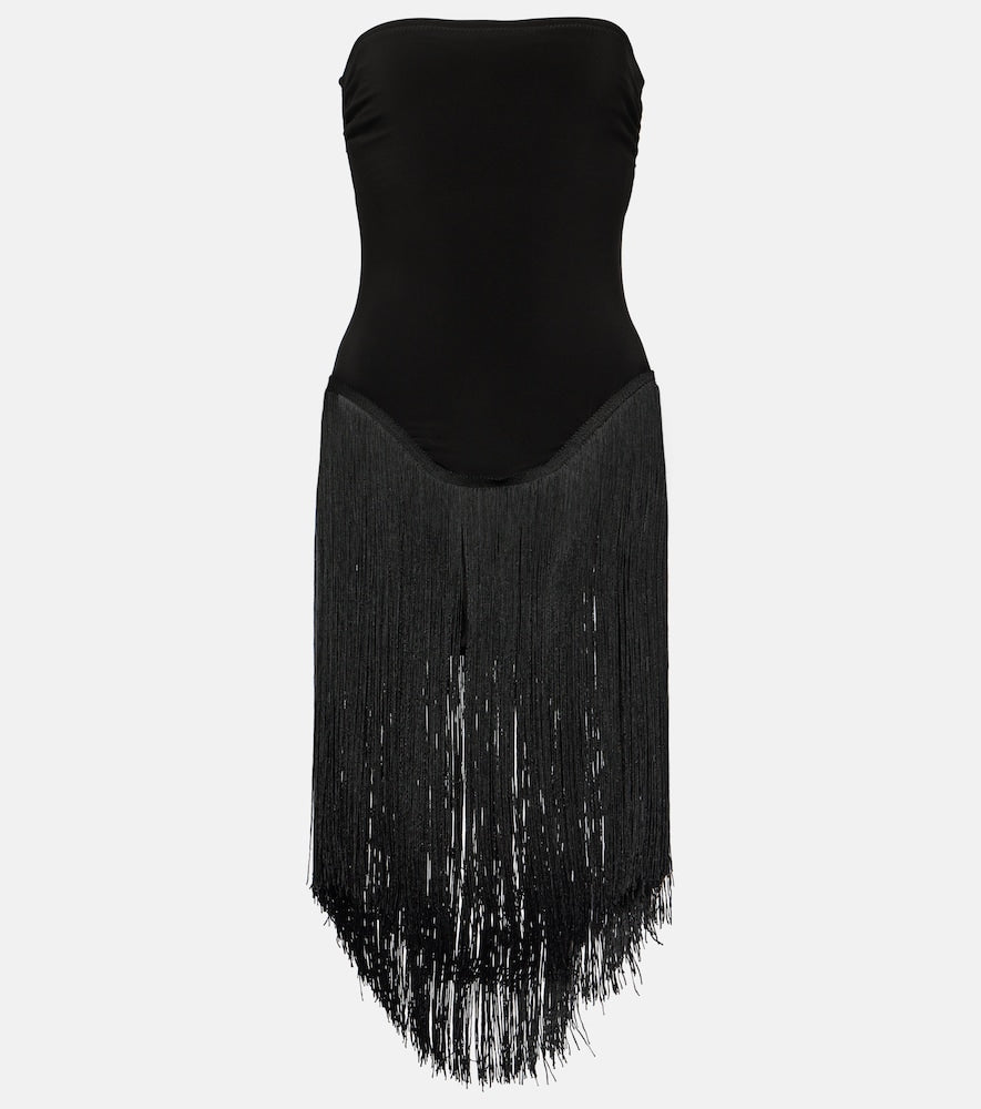 Norma Kamali 18" Fringe Bishop strapless minidress. Norma Kamali 18英寸流苏主教款无肩带迷你连衣裙