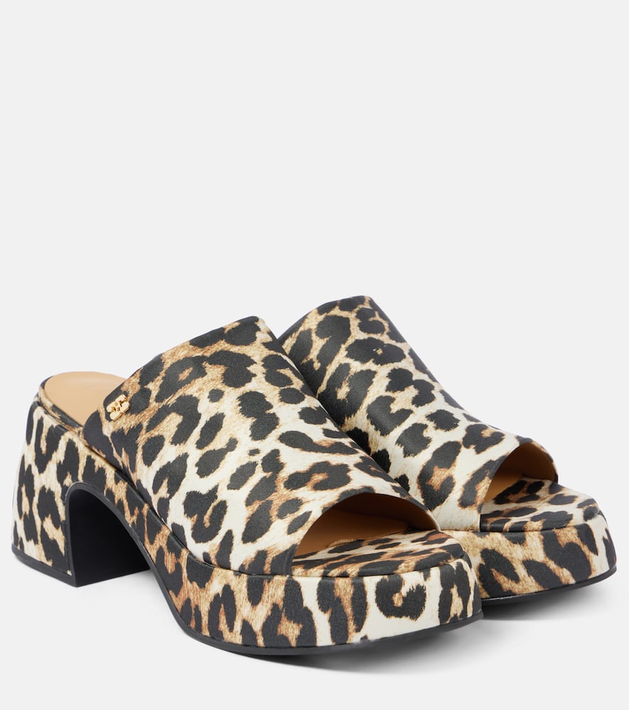 Ganni Leopard-print satin platform mules