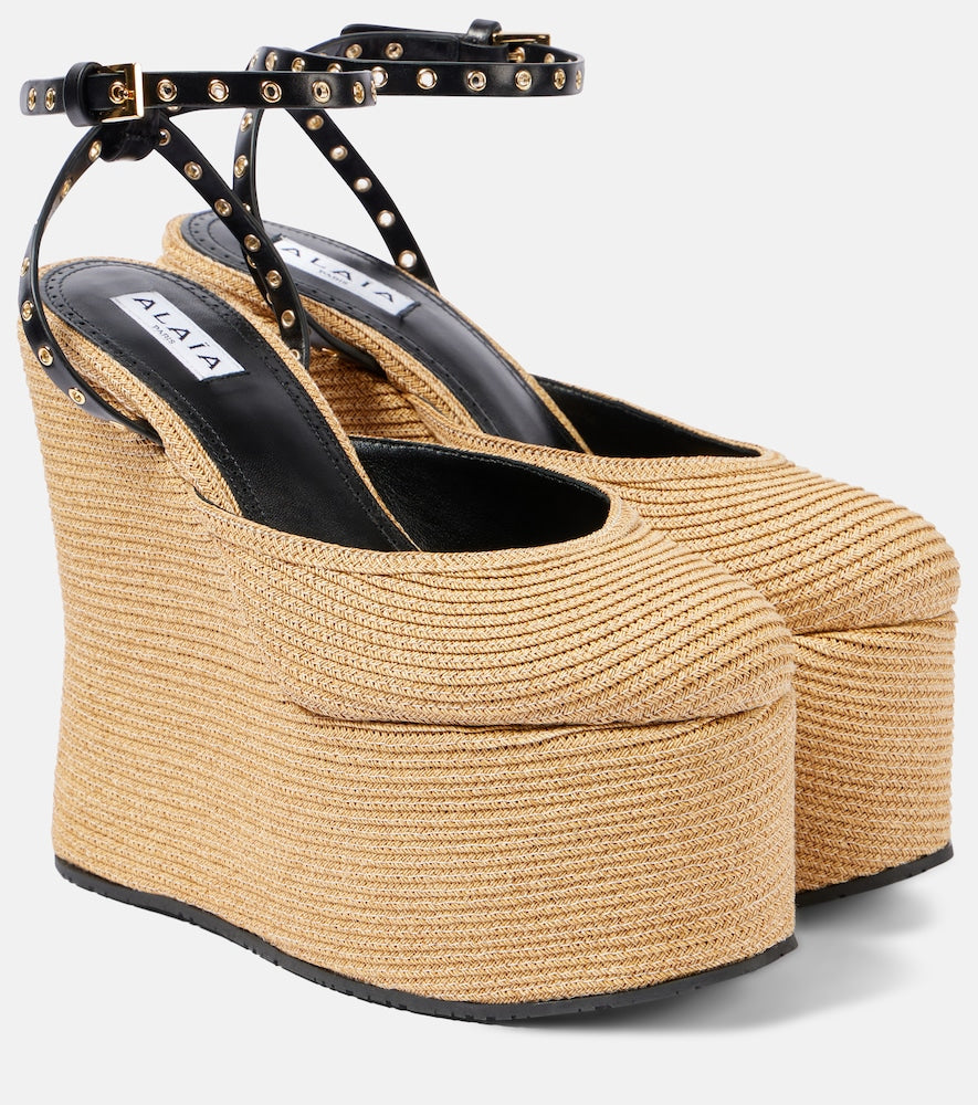 Alaia LA leather-trimmed paper straw wedges - Alaia LA 皮革饰边纸草坡跟鞋