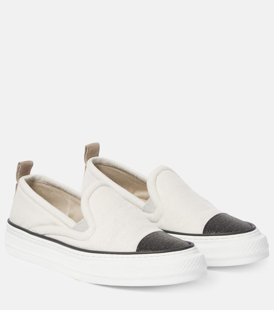Brunello Cucinelli Monili canvas slip-on shoes