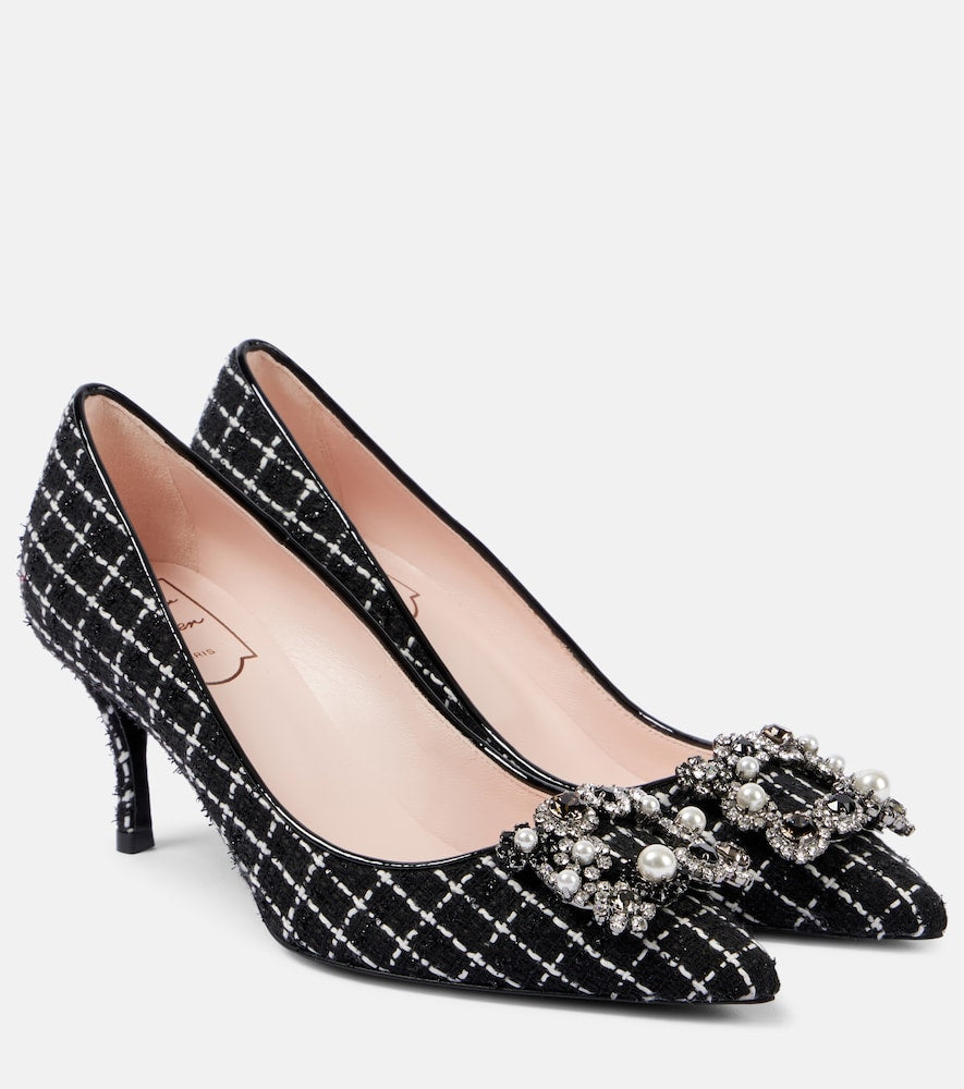 Roger Vivier Flower Strass 65 leather-trimmed boucl√É¬© pumps - Roger Vivier Flower Strass 65 皮革饰边粗花呢高跟鞋