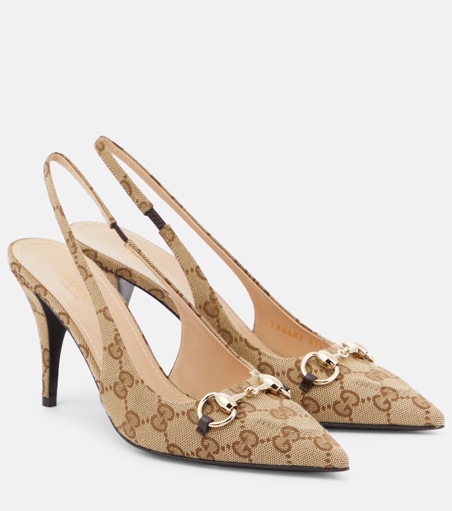 Gucci Horsebit GG Canvas slingback pumps - Gucci 马衔扣 GG 帆布露跟高跟鞋