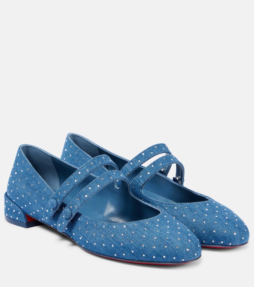 Christian Louboutin Sweet Jane embellished denim Mary Jane flats - Christian Louboutin Sweet Jane 缀饰牛仔布玛丽珍平底鞋
