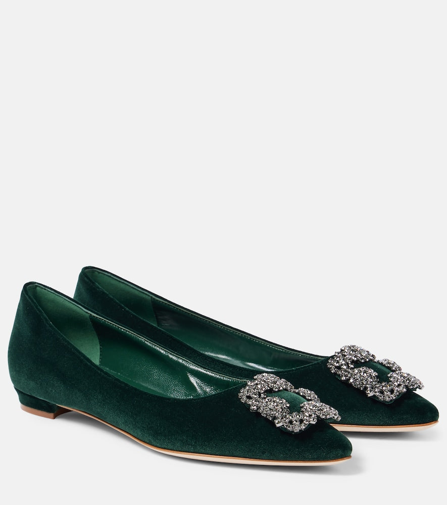 Manolo Blahnik Hangisi embellished velvet ballet flats - Manolo Blahnik Hangisi 缀饰天鹅绒芭蕾平底鞋