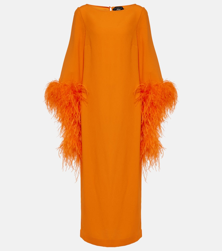Taller Marmo Del Lago feather-trimmed  cady midi dress. Marmo Del Lago 羽毛饰边绉纱中长连衣裙