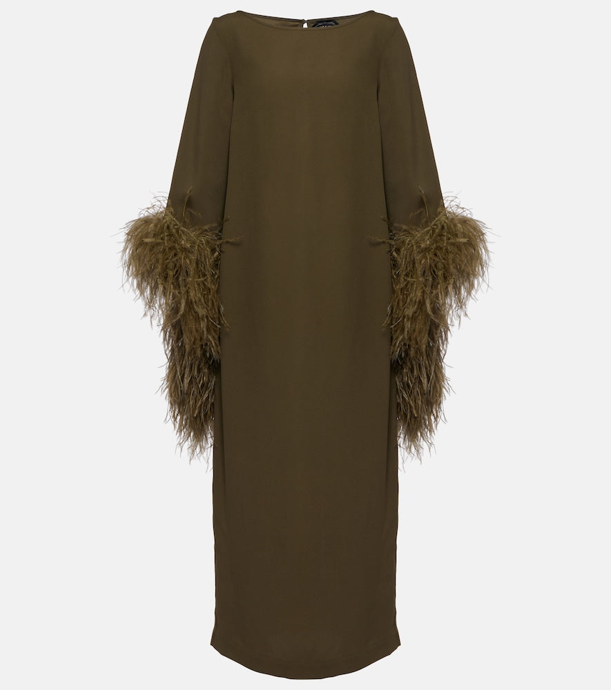 Taller Marmo Del Lago feather-trimmed midi dress. Marmo Del Lago 羽毛饰边中长连衣裙（适合高个子穿着）