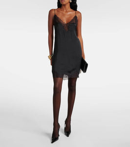 Saint Laurent Lace-trimmed satin slip dress