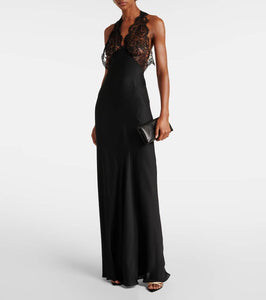 Saint Laurent Lace-trimmed silk charmeuse gown